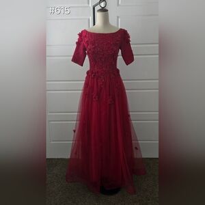 Red/Burgundy Chiffon & Lace Short Sleeve Ballgown